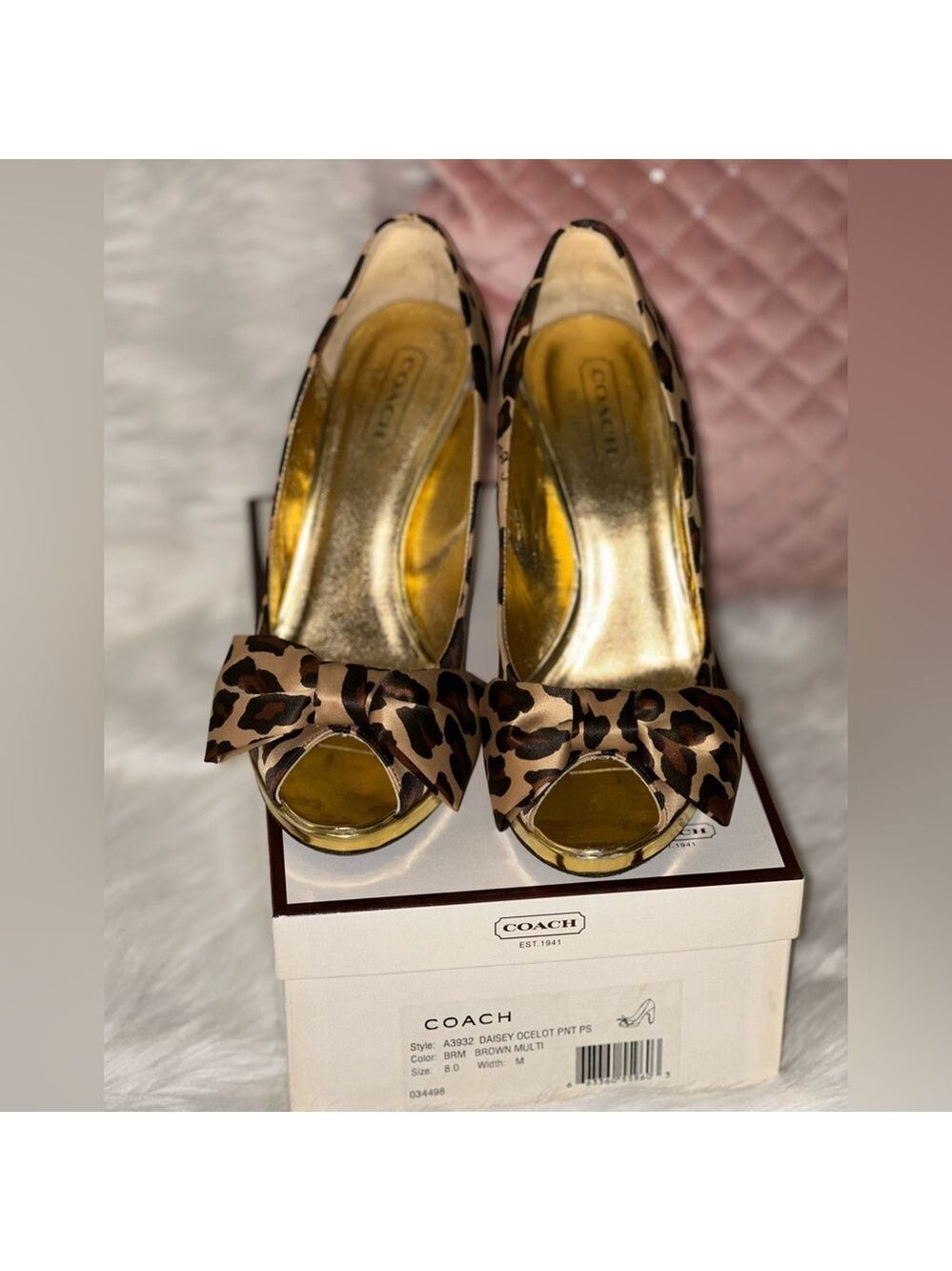 WOMEN’S COACH DAISY OCELOT PRINT PUMPS HEELS SIZE 8 M GOLD MIRROR HEEL